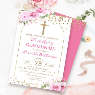 Arch Gold Pink Floral Girl Erste Heilige Kommune Einladung