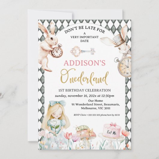 Arch Gray Diamond Alice in Onederland 1. Geburtsta Einladung (Vorderseite)