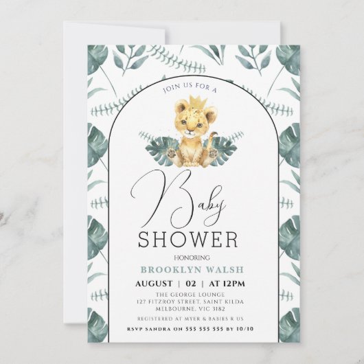 Arch Green Foliage Lion Babydusche Einladung (Vorderseite)