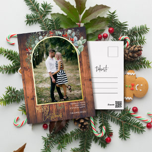 Arch Greenery Merry Christmas Foto Cherry Wood Folien Feiertagspostkarte