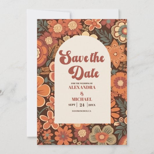 Arch Groovy Retro 70er Floral Wedding Save The Date (Vorderseite)