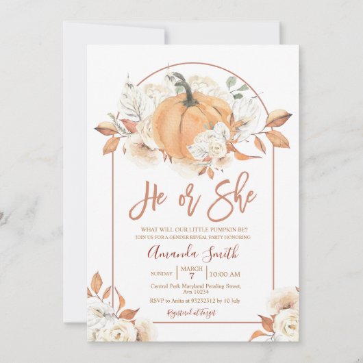Arch He or She Boho Rustic Pumpkin Gender Reveal Einladung (Vorderseite)