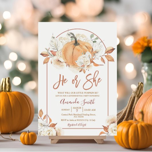 Arch He or She Boho Rustic Pumpkin Gender Reveal Einladung