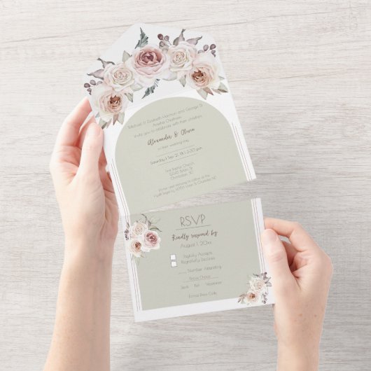 Arch-Hochzeit mit Bohemischer Rose All In One Einladung (Abreißen)