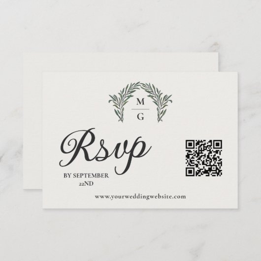 Arch Laurel Wreath Monogram QR Code UAWG Online RSVP Karte (Vorne/Hinten)