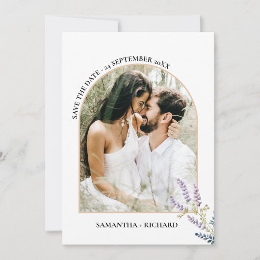 Arch Lila Wildblume Hochzeit speichern das Datum Einladung (Vorderseite)