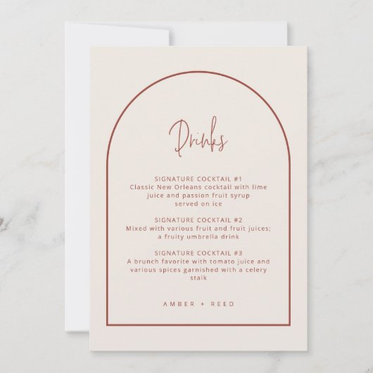 Arch Minimal Script Cream & Terracotta Drinks Menu Ankündigung (Vorderseite)