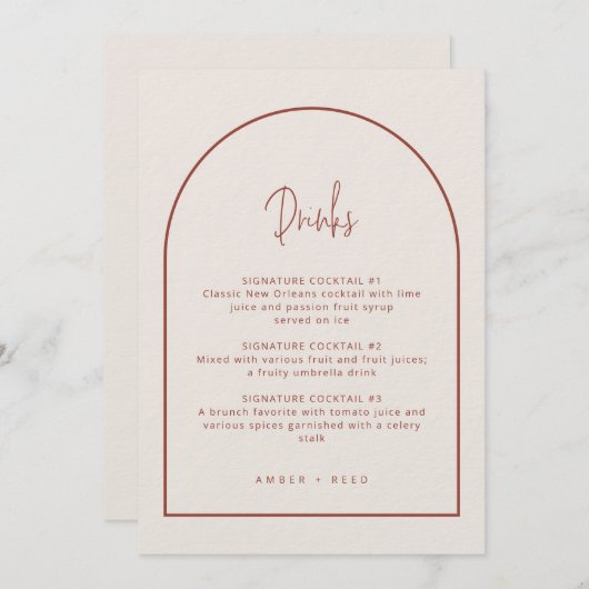 Arch Minimal Script Cream & Terracotta Drinks Menu Menükarte (Vorne/Hinten)