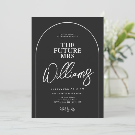 Arch Minimalistisch Elegantes Schwarz-weißes Braut Einladung (Stehend Vorderseite)