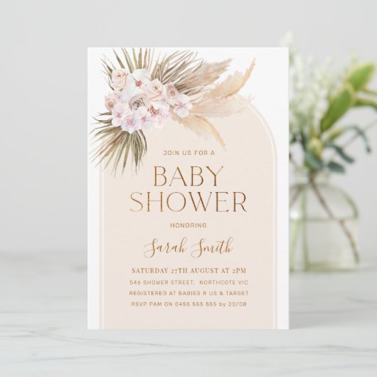Arch Minimalistisch Pampas Grass Baby Dusche Einladung (Stehend Vorderseite)