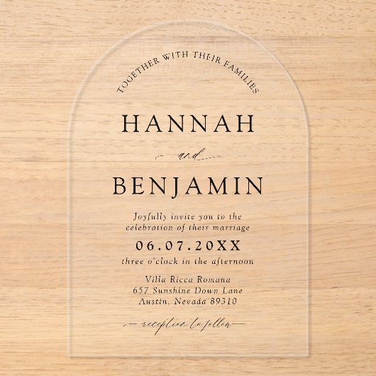 Arch Modern Black & White Minimalistisch Wedding Acryleinladungen (Vorderseite)