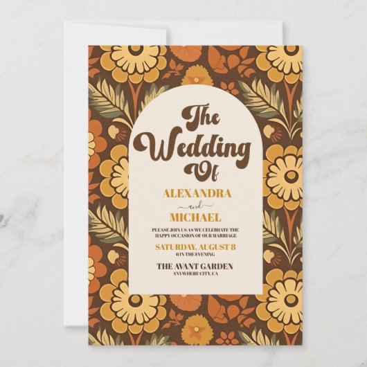 Arch Modern Retro 70s Floral Wedding Einladung (Vorderseite)