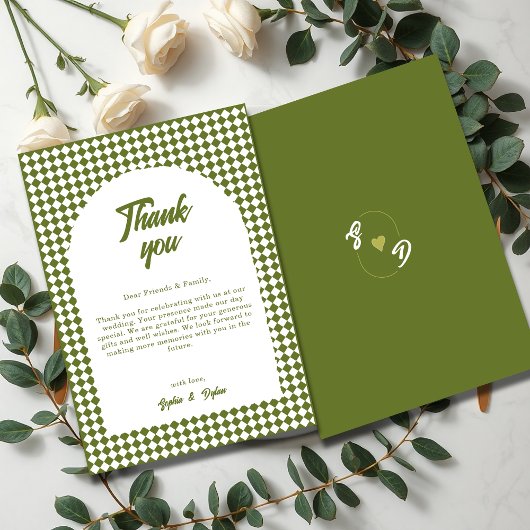 Arch Olive green Minimalist Retro Checker Wedding Dankeskarte