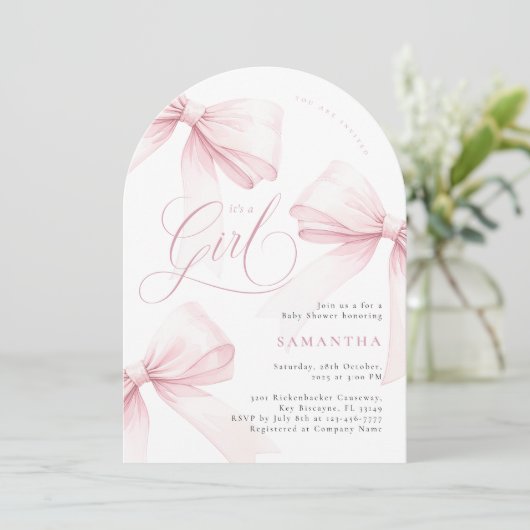 Arch Pink Bow Girl Babydusche Einladung (Stehend Vorderseite)
