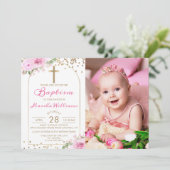 Arch Pink Floral Gold Glitzer Girl Taufe Foto Einladung (Stehend Vorderseite)