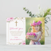Arch Pink Gold Floral First Holy Communy Foto Dankeskarte (Stehend Vorderseite)