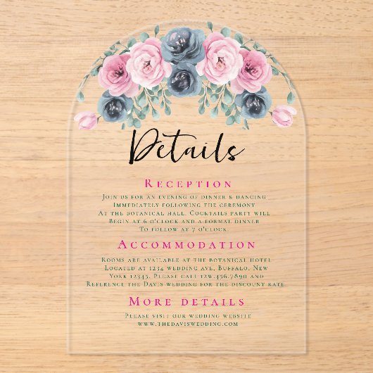 Arch Pink und Blue Blooms Hochzeitdetails Acryleinladungen (Vorderseite)