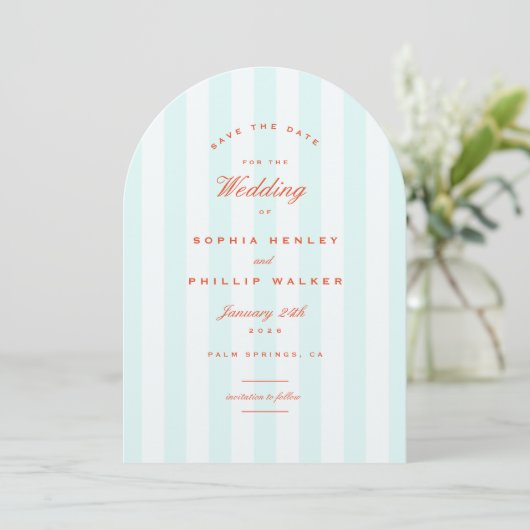 Arch Preppy Strip Aquamarin Orange Save the Date Einladung (Stehend Vorderseite)