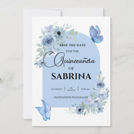 arch Quinceanera Floral Baby Blauer Schmetterling Save The Date (Vorderseite)