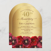 Arch Red Rose Floral Gold 40th Anniversary Party Einladung (Vorne/Hinten)