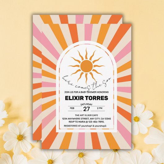 Arch Retro hier kommt die Son Baby Dusche Einladung