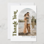Arch & Retro Typ Dunkelgrünes Foto Hochzeit Dankeskarte (Vorderseite)