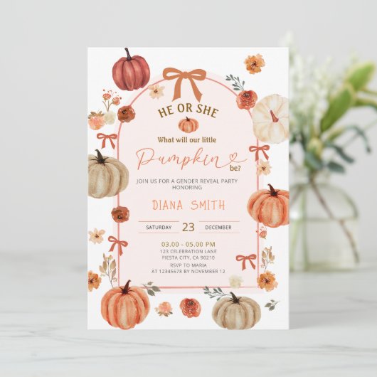 Arch Ribbon Bow Little Pumpkin Gender Reveal Einladung (Stehend Vorderseite)