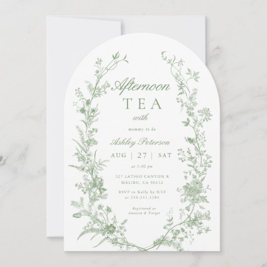 Arch Sage Green Afternoon Tea Party Babydusche Einladung (Vorderseite)