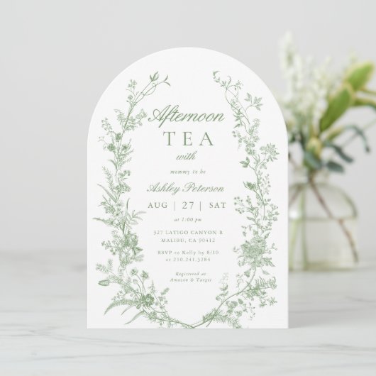 Arch Sage Green Afternoon Tea Party Babydusche Einladung (Stehend Vorderseite)
