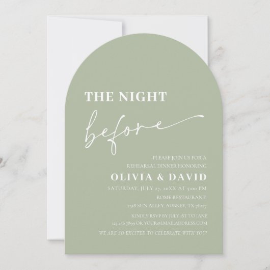 Arch Sage Green The Night Before Probe Dinner Einladung (Vorderseite)