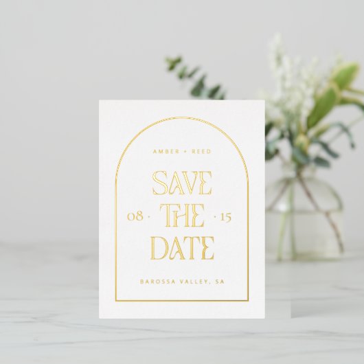 Arch Save the Date Real Gold Folie Einladungspostkarte (Stehend vorne)