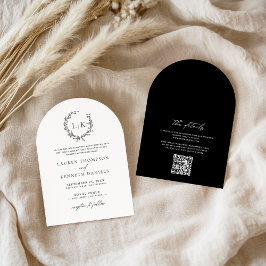 Arch Schwarz-weiß Monogram QR Code Classic Wedding Einladung