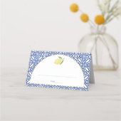 Arch Shape Amalfi Lemon Blue Tile Print Wedding Platzkarte (Vorderseite)