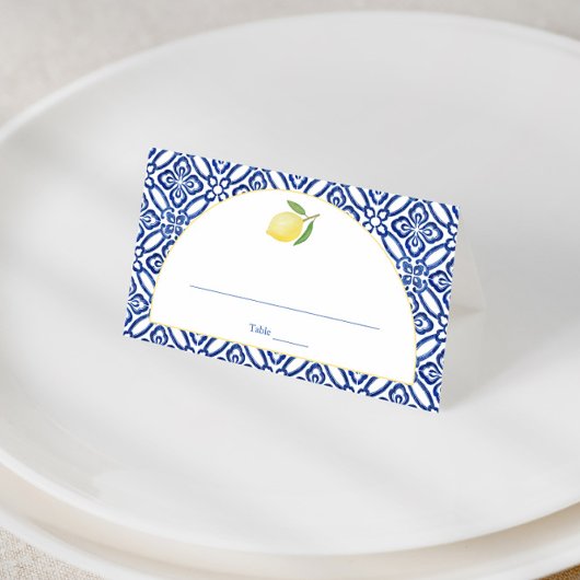 Arch Shape Amalfi Lemon Blue Tile Print Wedding Platzkarte