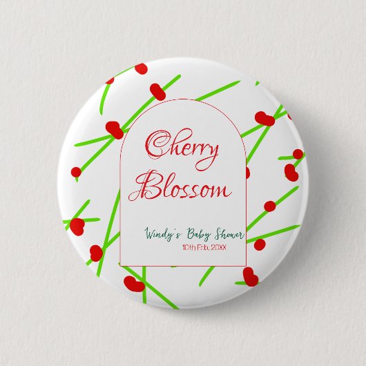 Arch shape cherry blossom red green baby shower na button (Vorderseite)