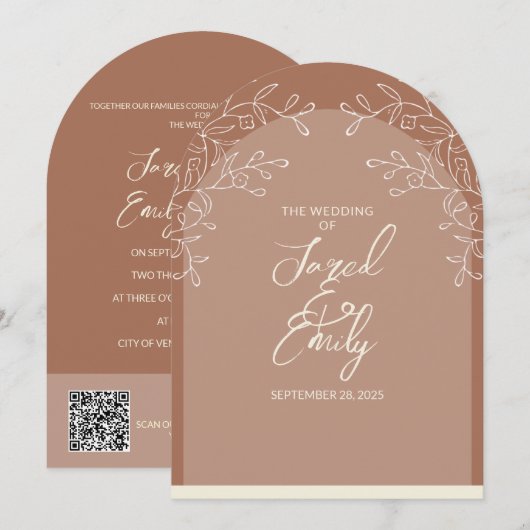 Arch Style Mocha Brown Wedding Einladung QR Code (Vorne/Hinten)