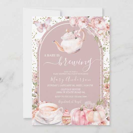 Arch Tea Party Pumpkin Baby wird Baby-Dusche Einladung (Vorderseite)