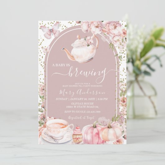 Arch Tea Party Pumpkin Baby wird Baby-Dusche Einladung (Stehend Vorderseite)