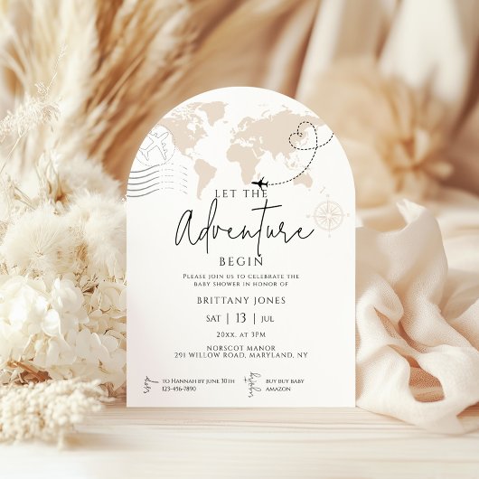 Arch World Map Reiseabenteuer beginnt Babydusche Einladung