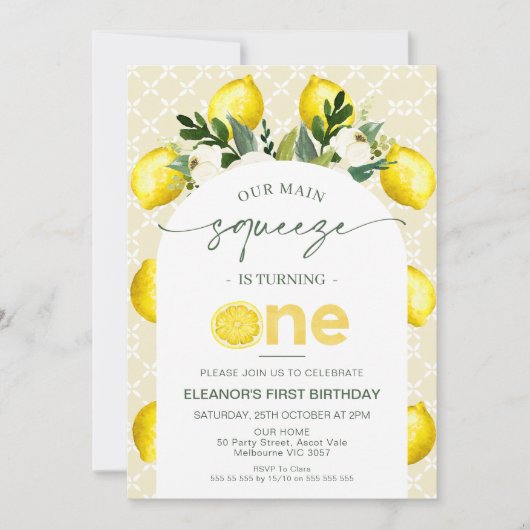 Arch Yellow Lemon Unser Haupt-Squeeze 1. Geburtsta Einladung (Vorderseite)