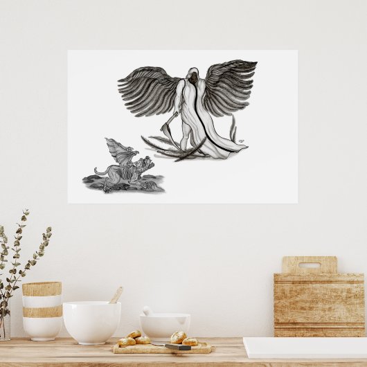 Archangel , Angel Uriel mit Golem - Gargoyle Poster (Küche)