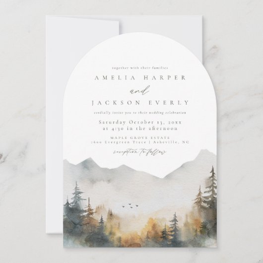 Arched Boho Watercolor Mountain Wedding Einladung (Vorderseite)