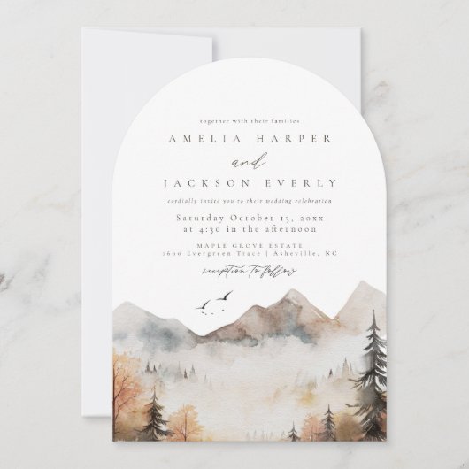Arched Boho Watercolor Mountain Wedding Einladung (Vorderseite)