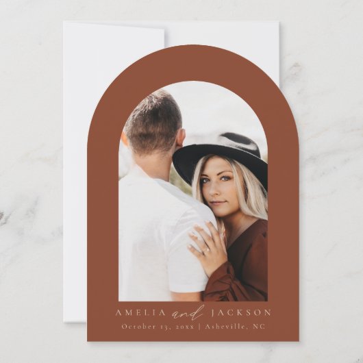 Arched Boho Watercolor Mountain Wedding Einladung (Rückseite)