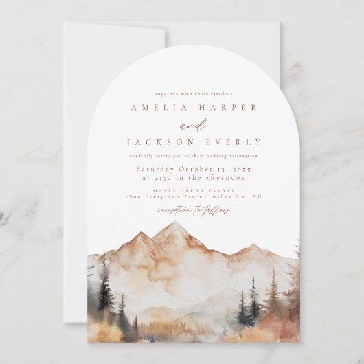 Arched Boho Watercolor Mountain Wedding Einladung (Vorderseite)