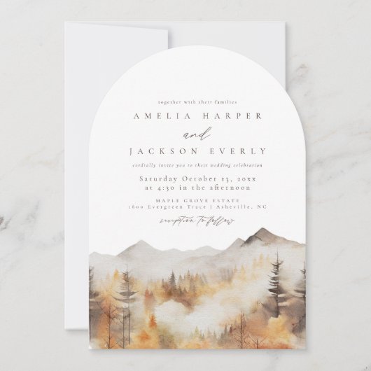 Arched Boho Watercolor Mountain Wedding Einladung (Vorderseite)