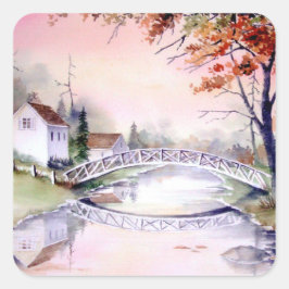 Arched Bridge Watercolor Painting Quadratischer Aufkleber