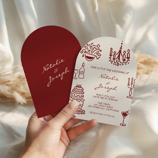 Arched Drawn Burgundy Romantic Whimsical Wedding Einladung