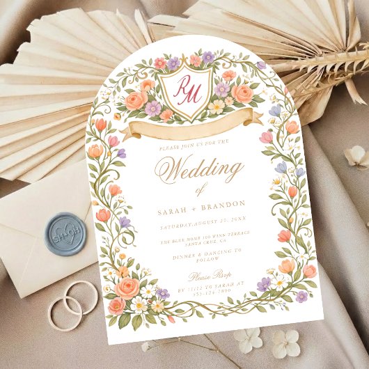 Arched Floral Wedding Monogram, Romantic Garden Einladung