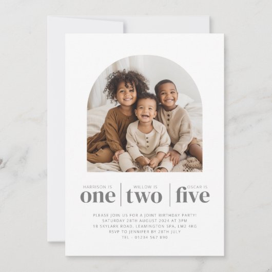 Arched Foto Triple Joint Birthday Einladung (Vorderseite)